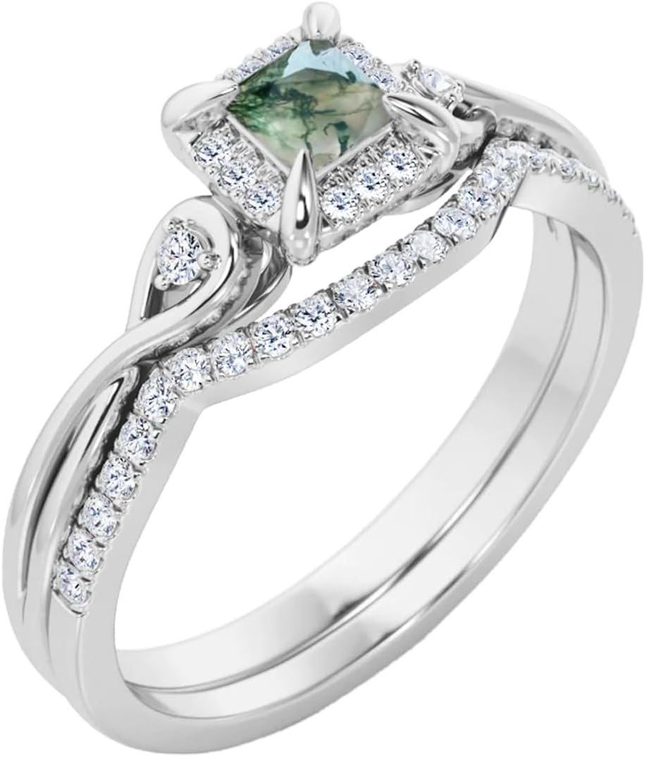 Natural Moss Agate Wedding Ring Set for Women 925 Sterling Silver 10K 14K 18K Gold Bridal Ring Set with 1CT Princess Cut Moss Agate Halo Engagement Ring Set for Women
