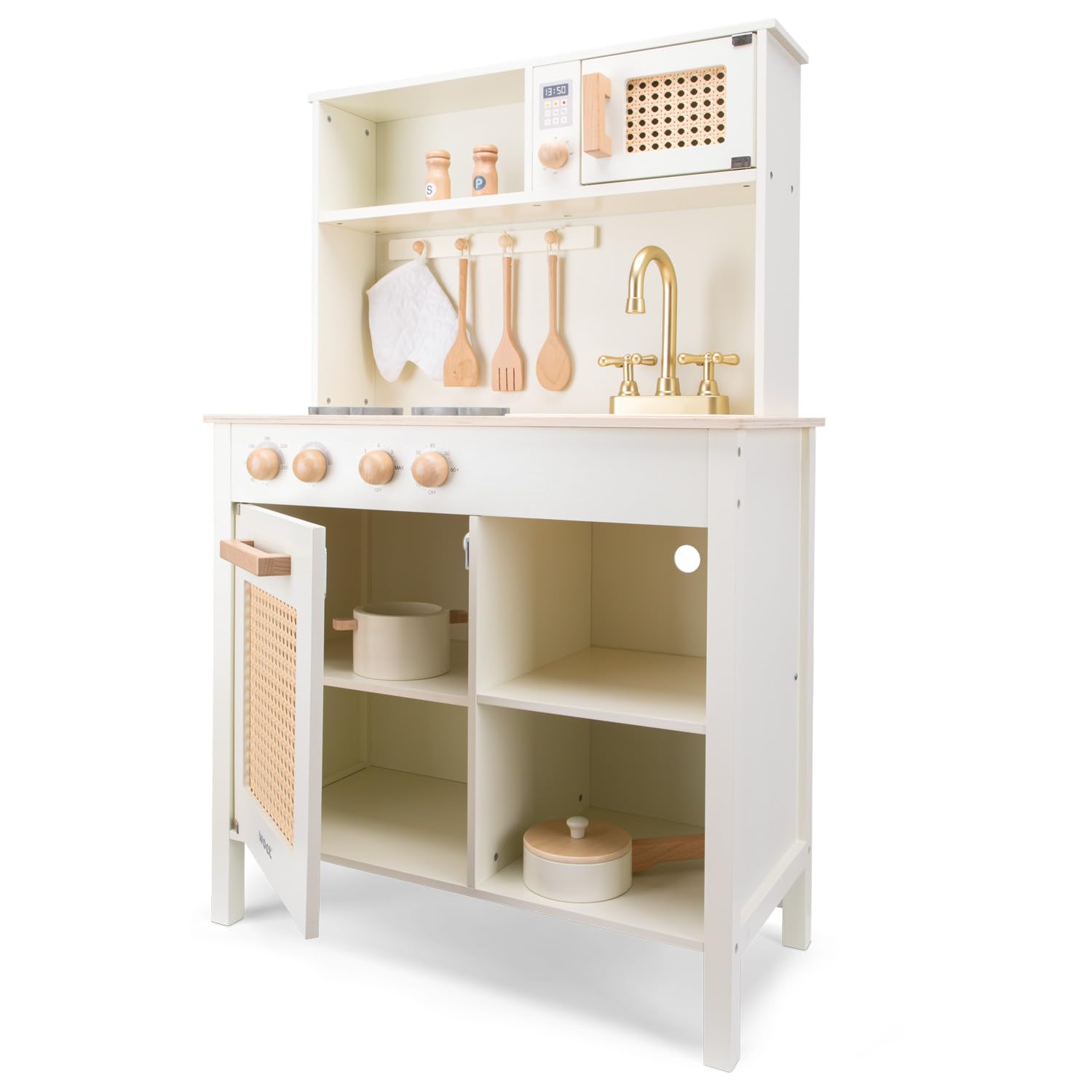 Woet Holzspielzeug Spielküche für Kinder Off-White mit Küchenzubehör Rattan-Details ab 3 Jahren
