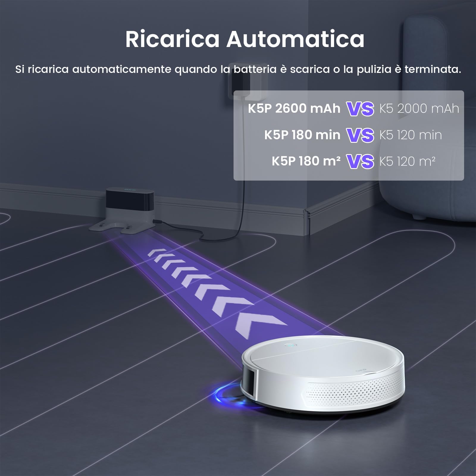 OKP K5P Robot Aspirapolvere, 5000Pa, 180 Minuti, WiFi/App, Design Sottile, Auto-Ricarica, Silenzioso, Perfetto per Pavimenti Duri, Peli di Animali, Tappeti