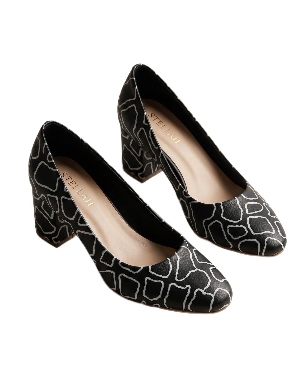 stellah Women’s Black Printed Block Heel Pumps | Stylish Closed Toe Heels | Trendy Patterned Formal Wear Slip-On Heels for Women-picture-36