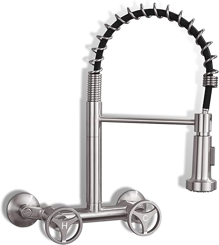 Miniatura 10 de Grifo de cocina de montaje en pared con rociador abatible, grifo de fregadero de cocina comercial, 2 manijas, giratorio de 360, grifo montado en la