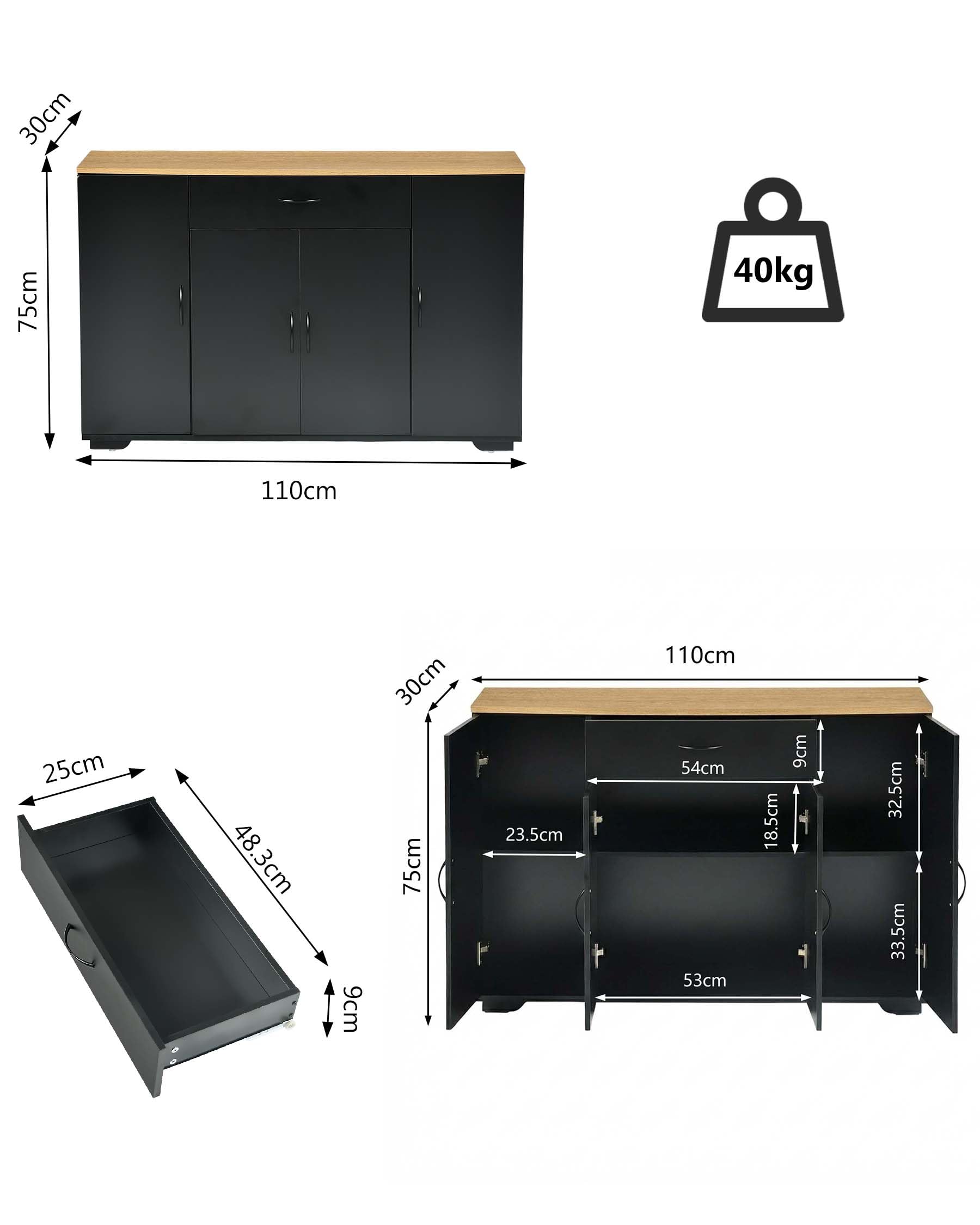 hitsuki Armoire de cuisine avec plan de travail, commode de cuisine, noire, 110 x 30 x 70 cm, avec tiroir et 4 portes, armoire de cuisine, buffet étroit avec espace de rangement, pour cuisine, salle à