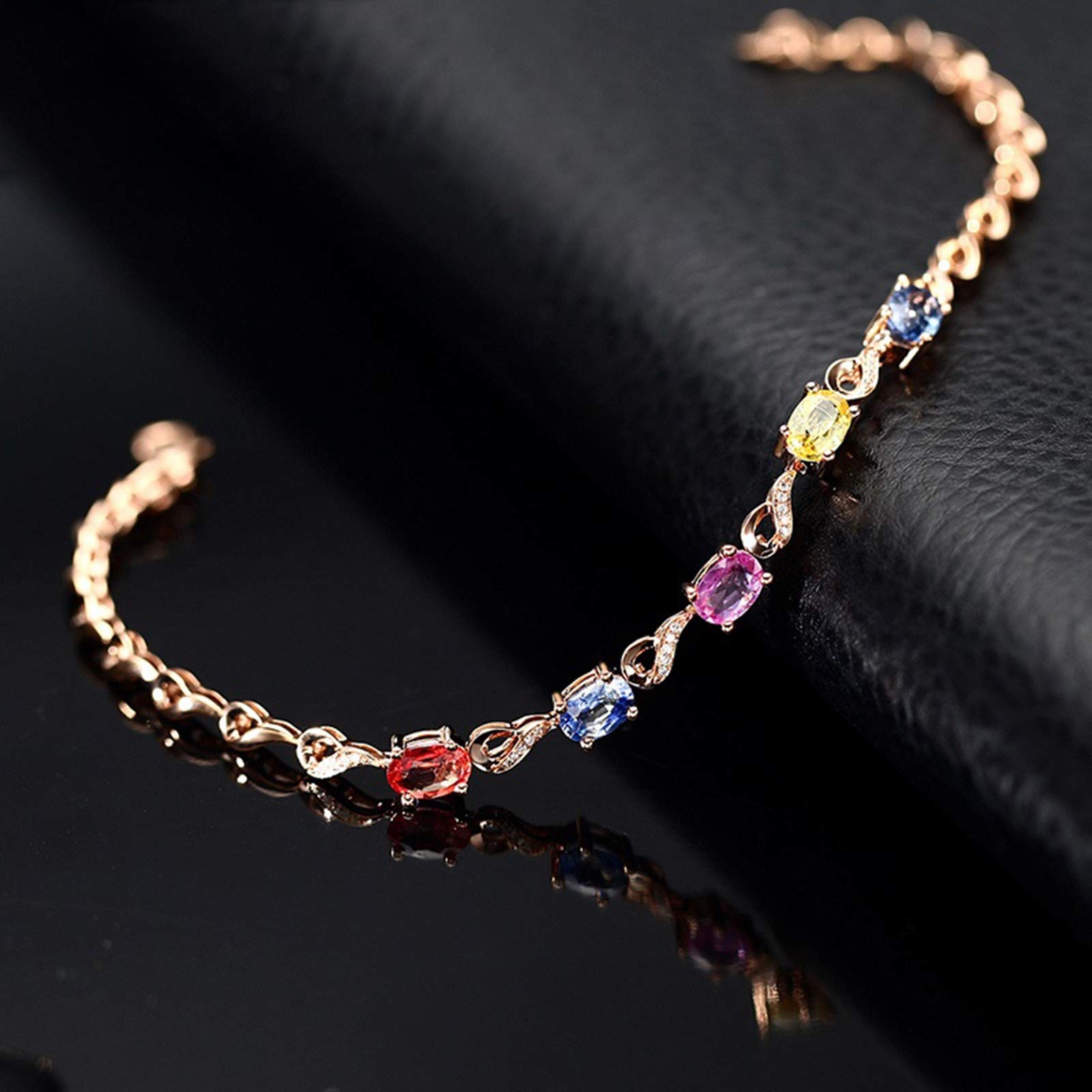 ZH1YFD Pulsera de Zafiro Oro Rosa, Eslabón de Barra con Zafiro Multicolor 2.724ct Pulseras en Joyería de Mujer 16+3CM