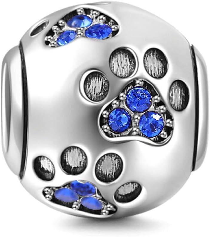 Dog Paw Charm 925 Sterling Silver Footprint Charm Animal Charm Birthday Charm Pet Charm for Pandora Bracelet (Blue)