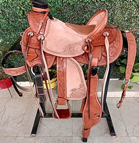 Equitack Wade Tree A Fork Premium Western Leather Roping Ranch Work Horse Saddle Tack, Headstall, Breastplate & Reins (Leather, 17.5 inches seat)