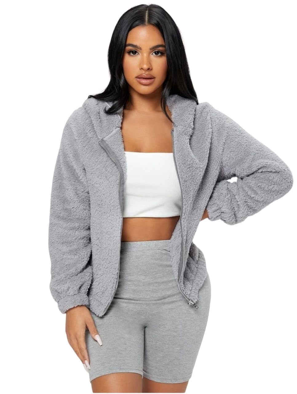 GenericCRAMPLE®Zip Up 3D Ears Design Hooded Flannel Jacket