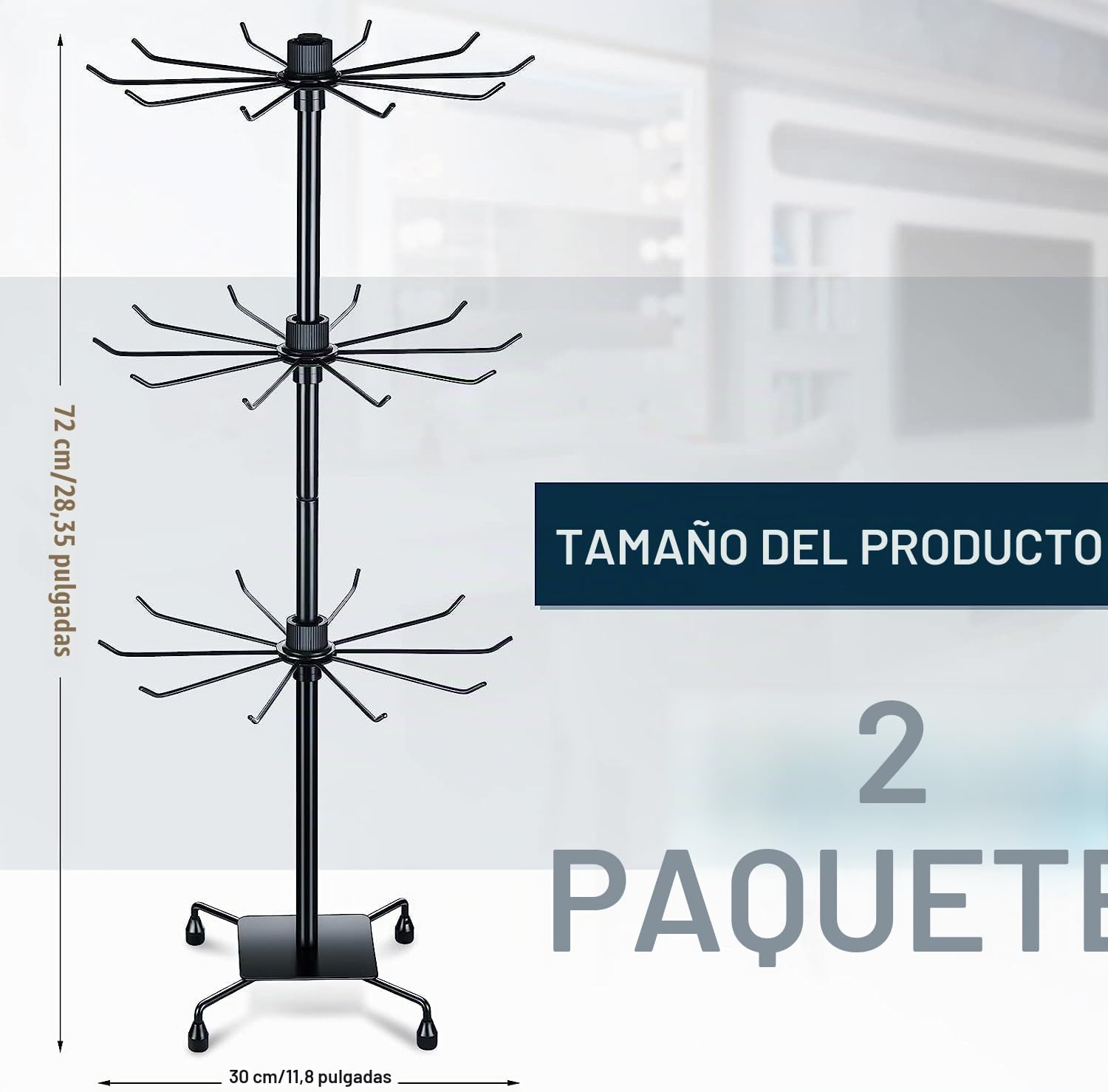 Paquete de 2 estantes giratorios para exhibición de joyas, estante ajustable de 3 niveles, torre de joyería colgante de metal con ganchos para llavero, aretes, collar (B, 28 pulgadas)