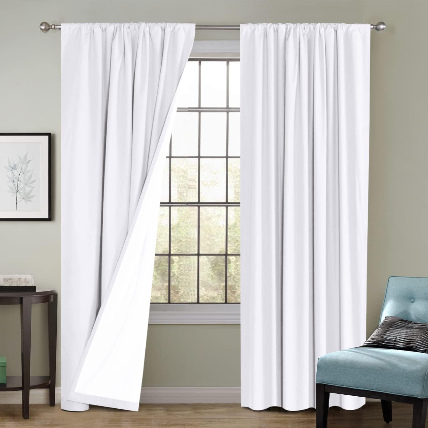 Flamingo P 100% Blackout Curtains Window Treatment Curtain with White Backing Thermal Insulated Rod Pocket Curtains for Living Room 2 Tie-Backs (2 Panels 52 x 96 Inch, White)