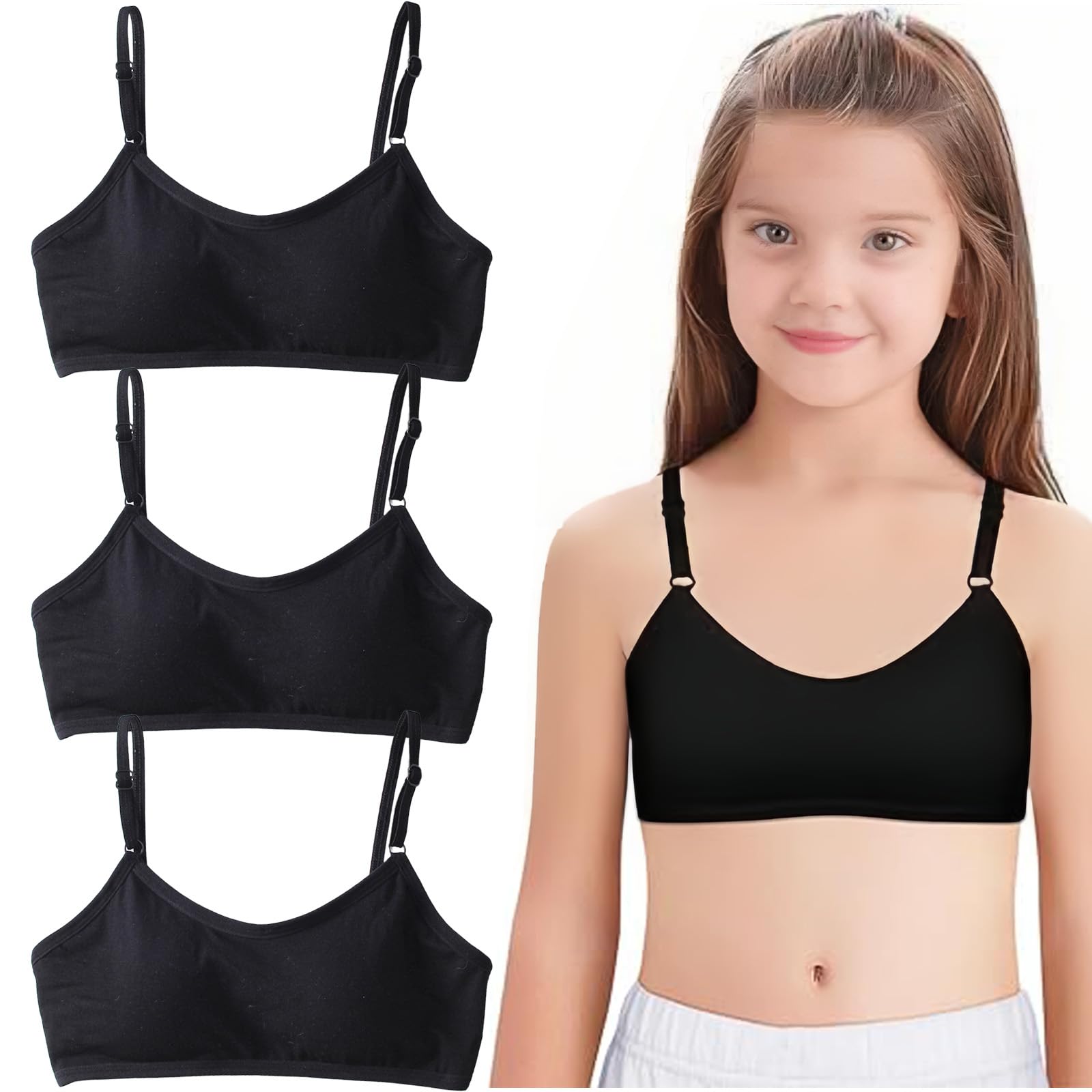 Lot De 3 Brassières Filles 8-14 Ans - Coton Doux - Bretelles Réglables - Pour Sport, école, Quotidien - Noir - 13