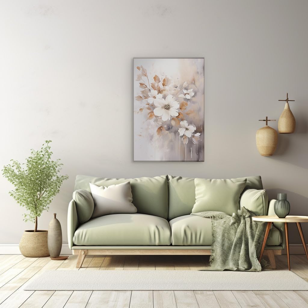 Canvas for Living Room. Whispers of Nature: an Abstract Exploration Through White Blooms and Earthy Tones, 27 x 18 inch Canvas Wall Art - Contemporary Masterpieces - Modern Home Decor
