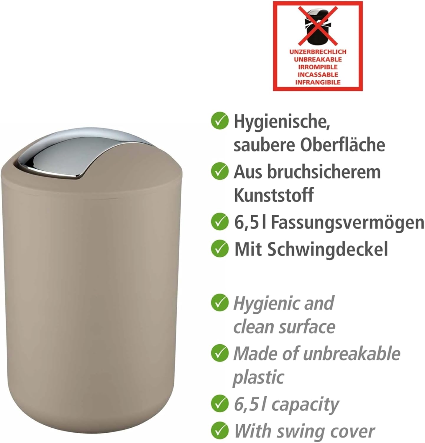 WENKO Small Trash Can with Lid, Garbage Bin with Swing Lid, Bathroom Trash Can, Waste Basket for Small Spaces, Bedroom, Office, Guest Toilet,1.7 gal, Taupe, 7.68 x 7.68 x 12.2 in