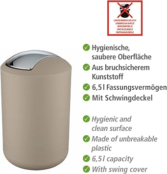 wenko brasil taupe l swing top bin - cosmetic bin - completely shatter-proof capacity 6.5 l plastic (tpe) 19.5 x 31 x 19.5 cm taupe