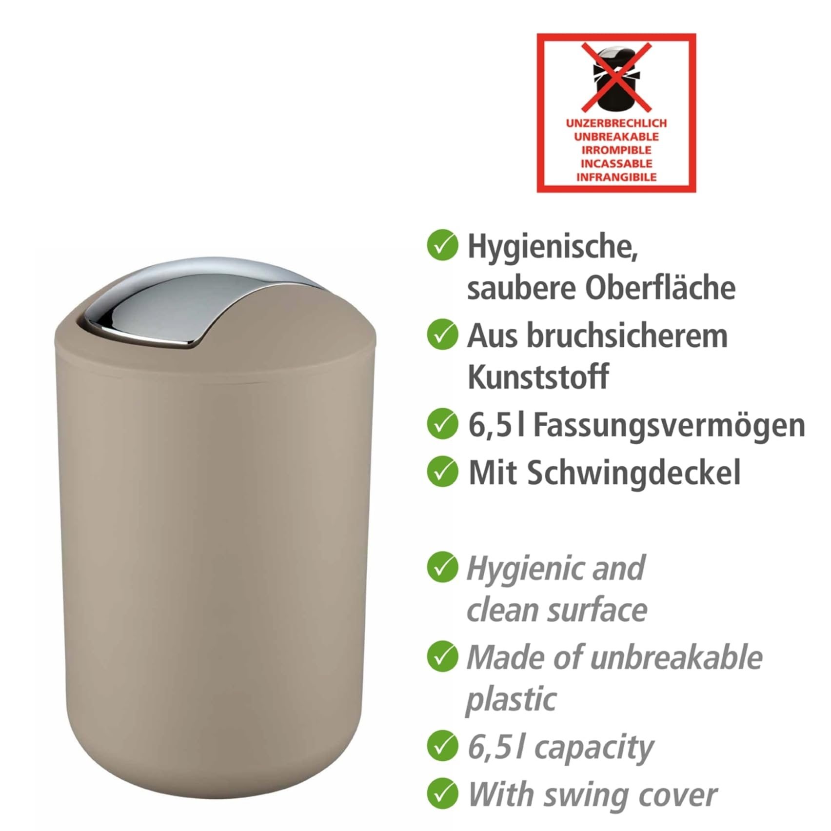 Bad-Accessoire Set Mod. Brasil, 4-teilig bestehend aus Zahnputzbecher, 320 ml Seifenspender, Kosmetikeimer 6,5 Liter & WC-Garnitur inkl. WC-Bürste, aus bruchsicherem Spezialkunststoff, Taupe