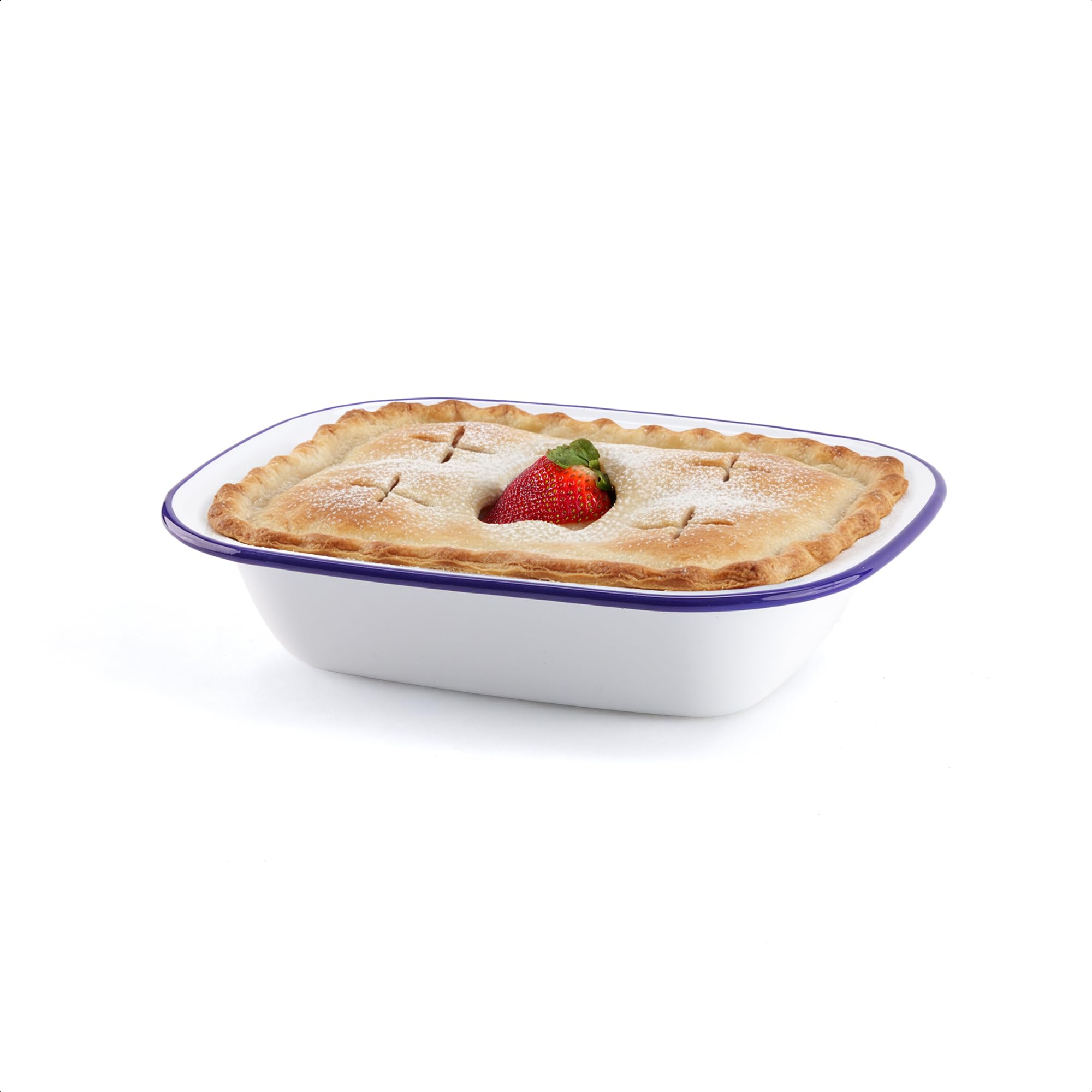 Winsome White With Blue Rim Enamel Pie Dish | White Enamel Roasting Tin| Dishwasher Safe Pie Dish Pudding Baking Steak | Plate Tray For Oven & Stove (L 22 X W 16 X D 4.8 Cm)