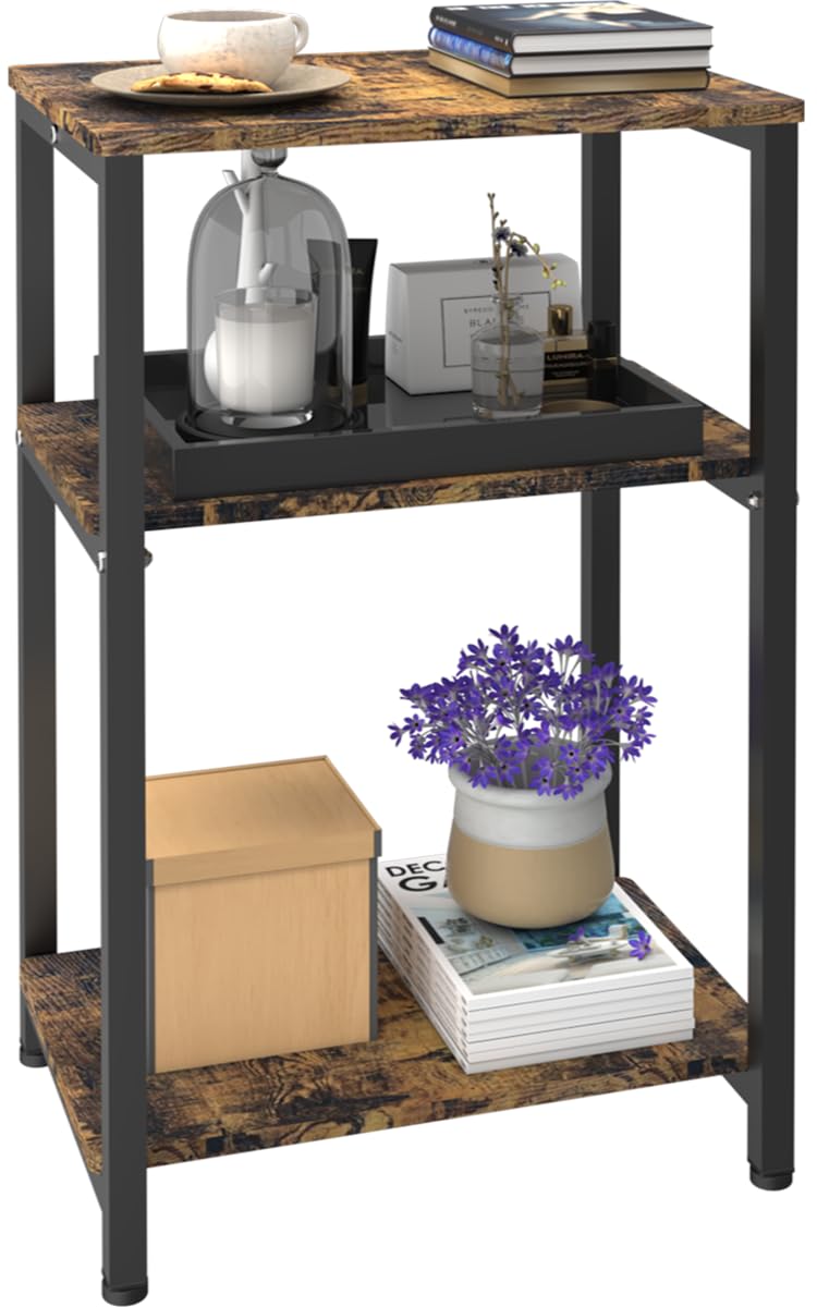 3 Tier Side Table, Heavy Duty End Table with Shelves, Narrow nightstand Table for Small Spaces, Record Player Table for Bedroom, Living Room, Sofa Couch - Rustic Brown & Black