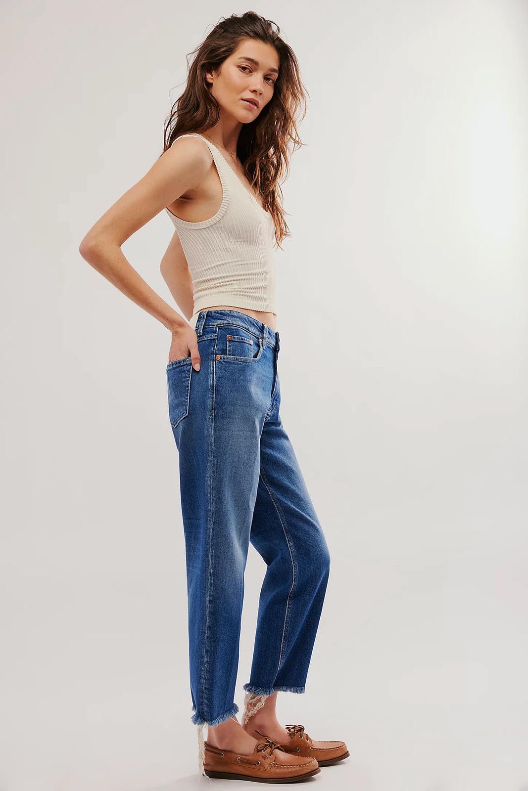 Jeans Donna Larghi da Gamba Dritta Orlo Sfilacciato Larga Jeans-Blu Scuro-l