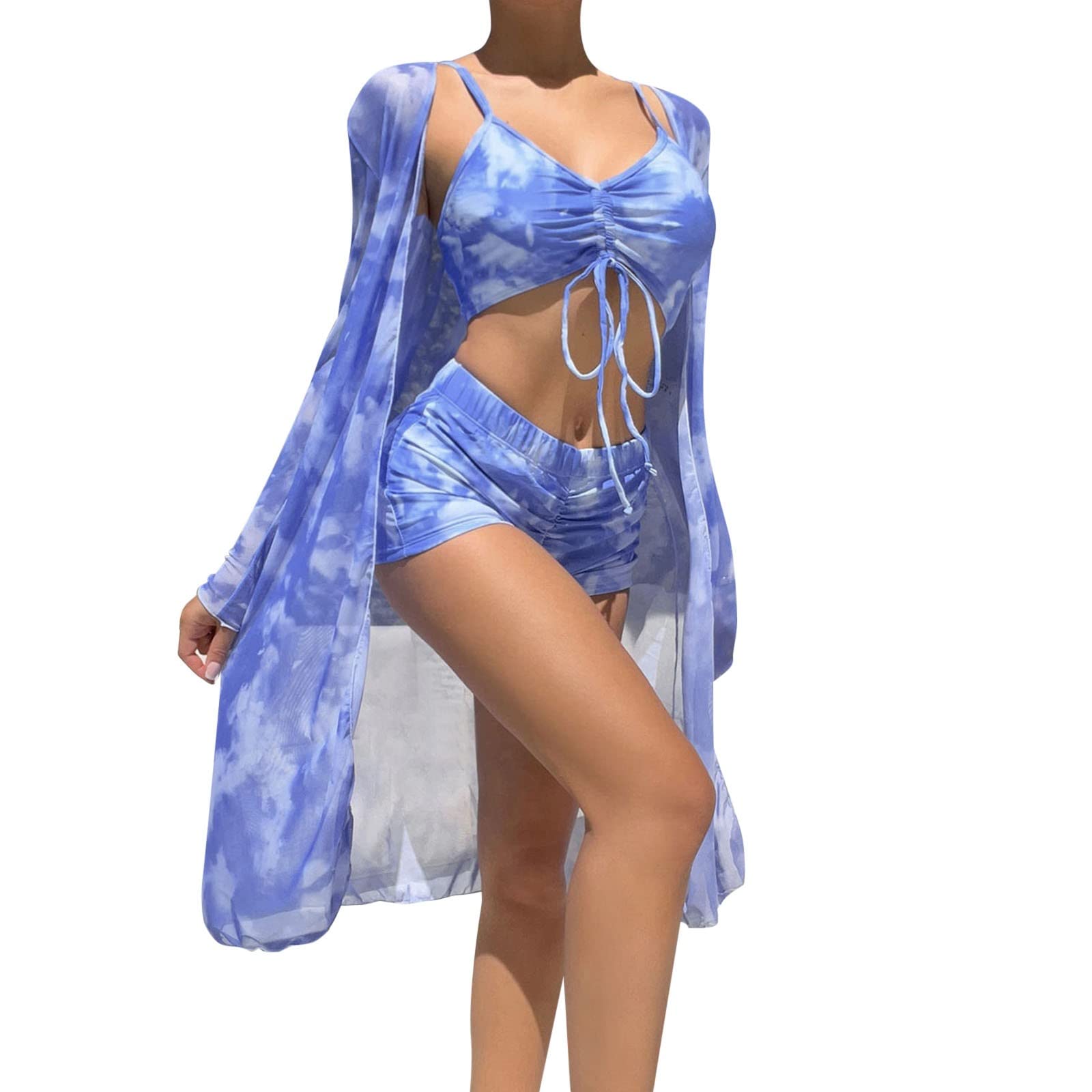 GenericBikini 3 Piece Sets for Women Printed V Neck Suspender Swimwear Sets Push Up Swimsuit Set with High Waisted Boxers Shorts with Swimsuit Long Sleeve Cover Up Cardigan