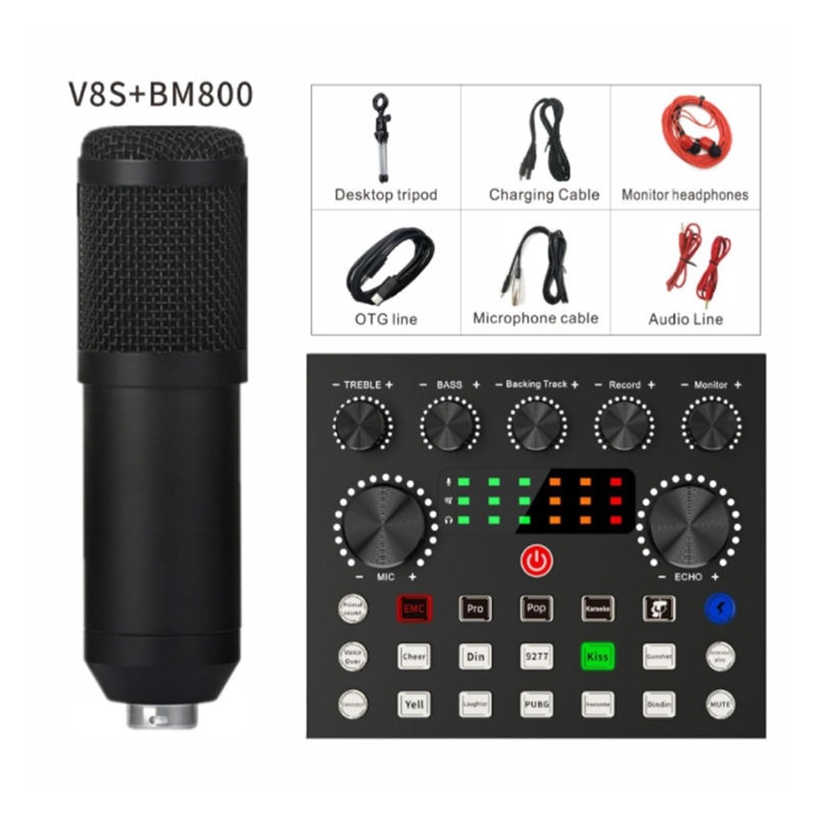BM800 V8S Soundkarte Profi-Set BM800 Mic Studio Kondensator Mikrofon for Podcast Aufnahme Live-Streaming,Ultrapräzise(Golden black)