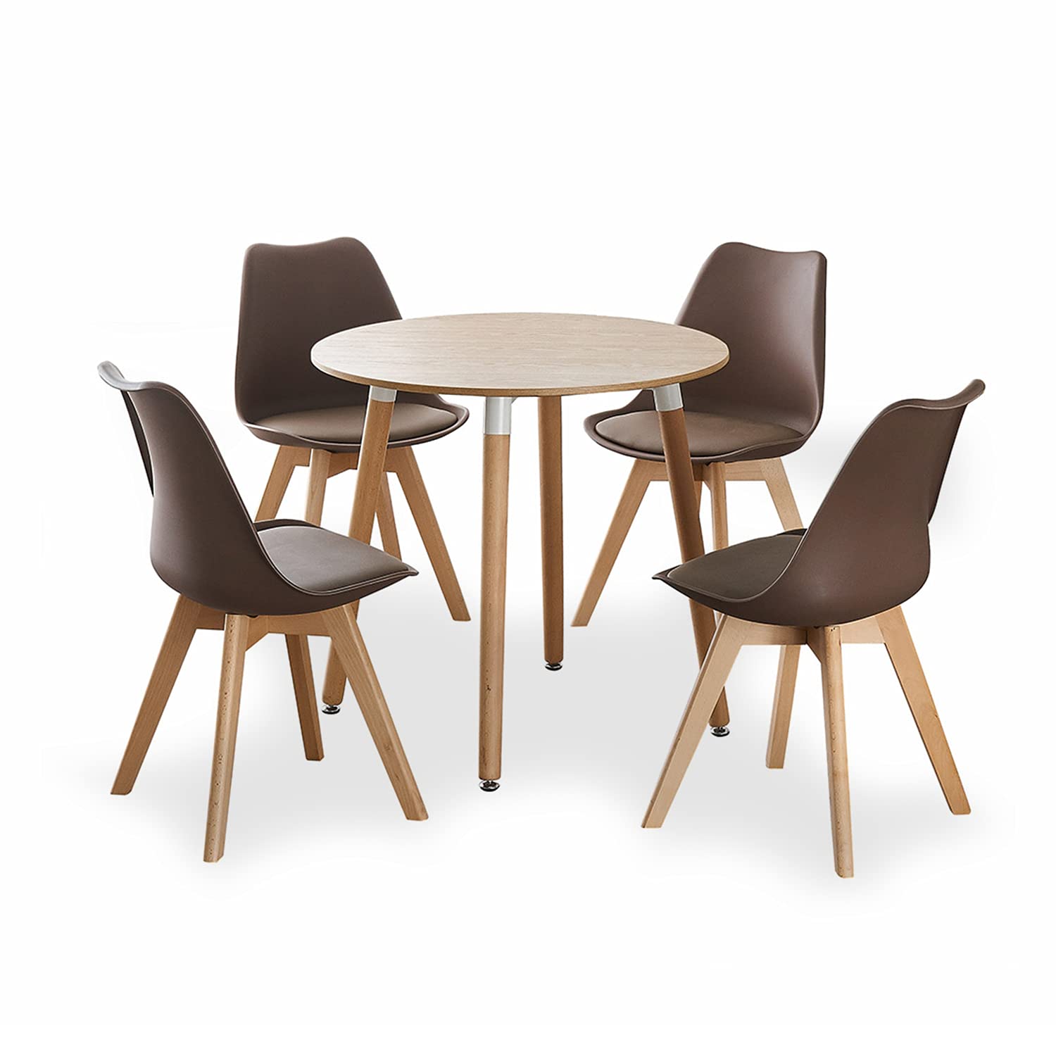 Life Interiors Lorenzo Round Dining Table and Chair 4-Piece Set, Oak/Brown
