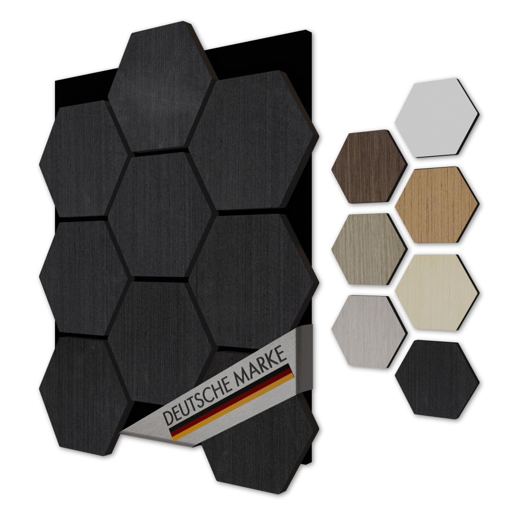 Akustiko Hexagon 3D paneles acústicos pared, 3 uds., 567 x 693 mm, fieltro MDF, chapa efecto madera, para la decoración moderna de paredes decoración para estudio, (Black Oak)