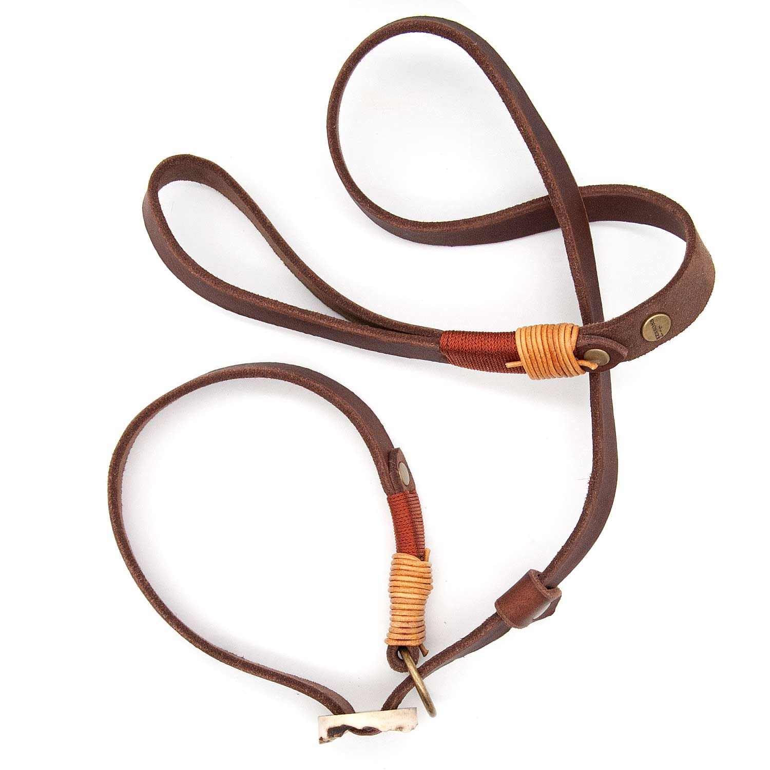 Retrieverleine Leder 20 mm in Braun | Burnt Amber | Moxon-Leine mit außergewöhnlichem Horn-Zugstopp | robuste und edle Hundeleine aus hochwertigem Fettleder mit integrierter Halsung - 230 cm