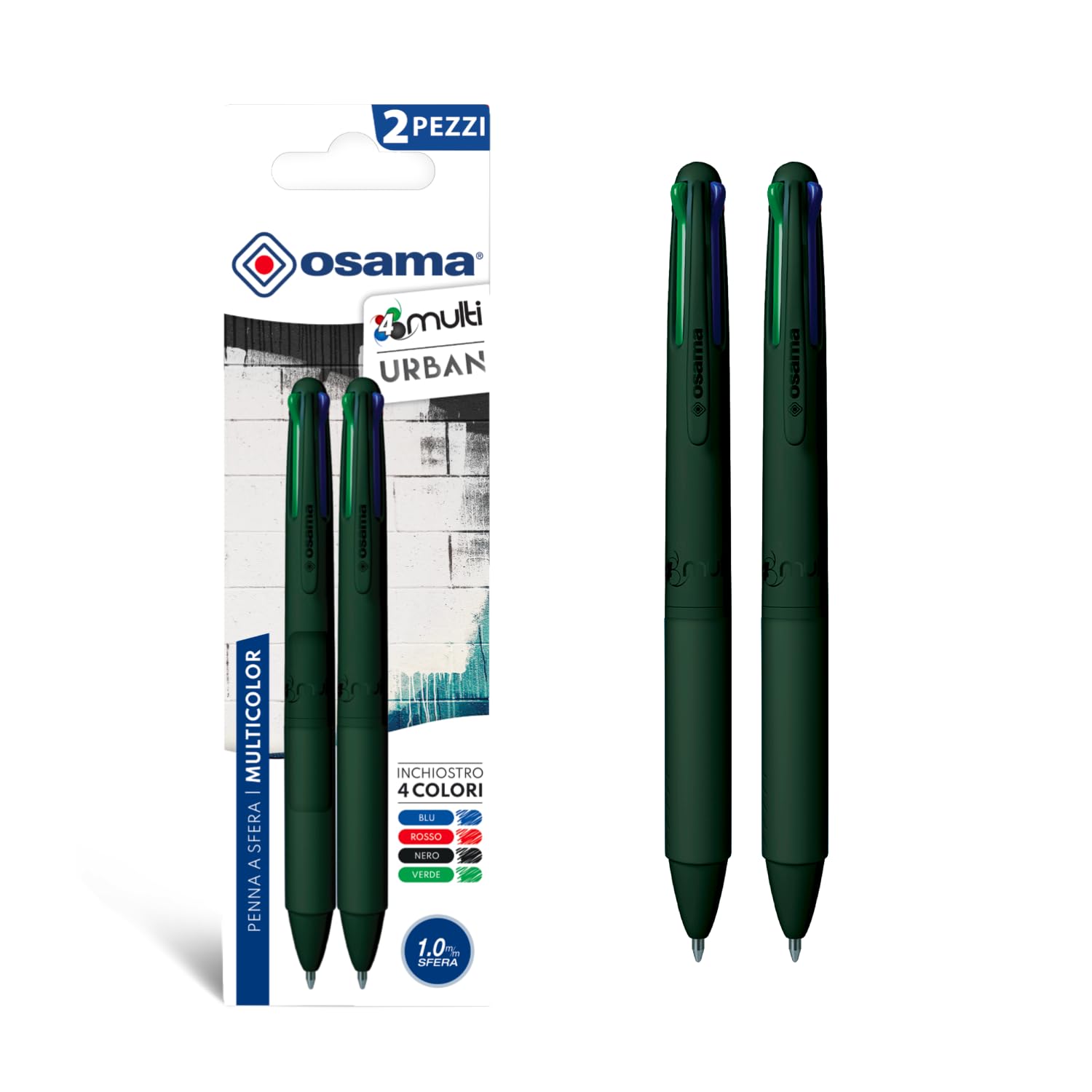 OSAMA 4 Multi Urban Coloured Pens Set of 4 Colours, 2 Pieces - Multicolour Ballpoint Pen 1mm with Black, Blue, Red and Green Ink for School Stationery, Office, University and Stationery