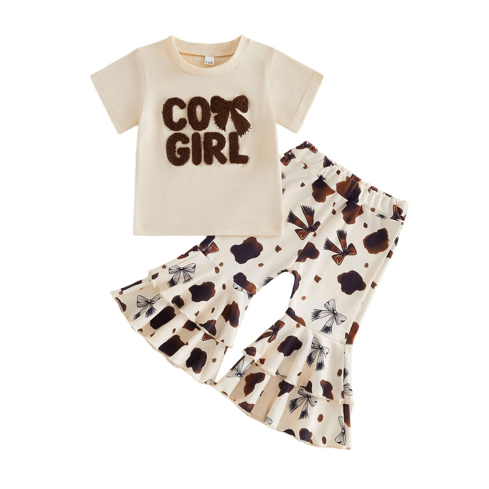My First Rodeo Baby Girl Outfit Newborn Romper Pants Set | Infant Cowgirl Western Clothes Long Sleeve Romper Bell Bottom Pants 3Pcs Set 12-18 Months Apricot-cow Girl and Bow