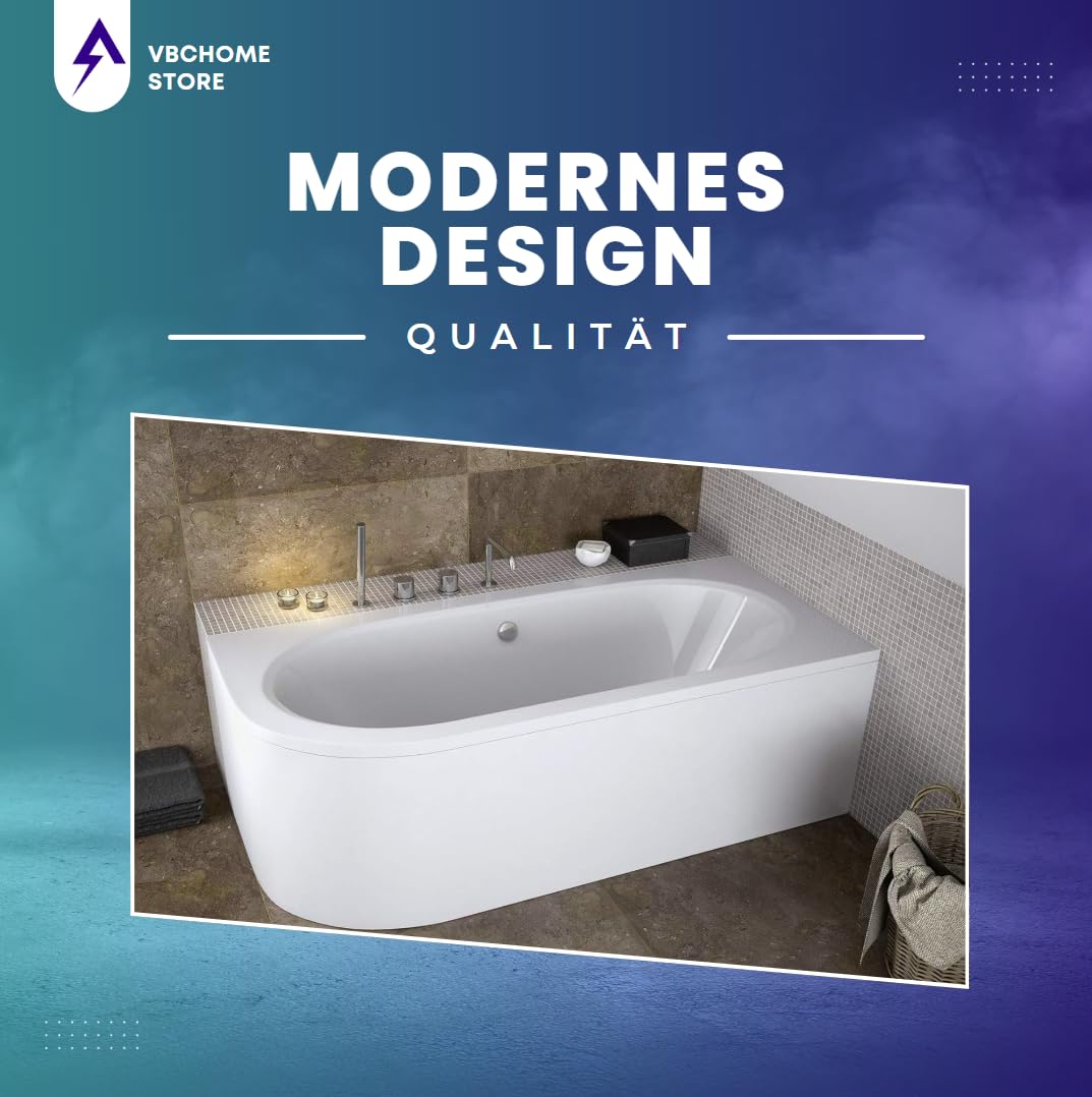 VBChome Bañera de 170 x 75 cm, acrílico, juego de delantal, sifón, esquina, bañera de esquina, color blanco, diseño moderno para 2 personas a la derecha (bañera de 170 x 75 a la derecha