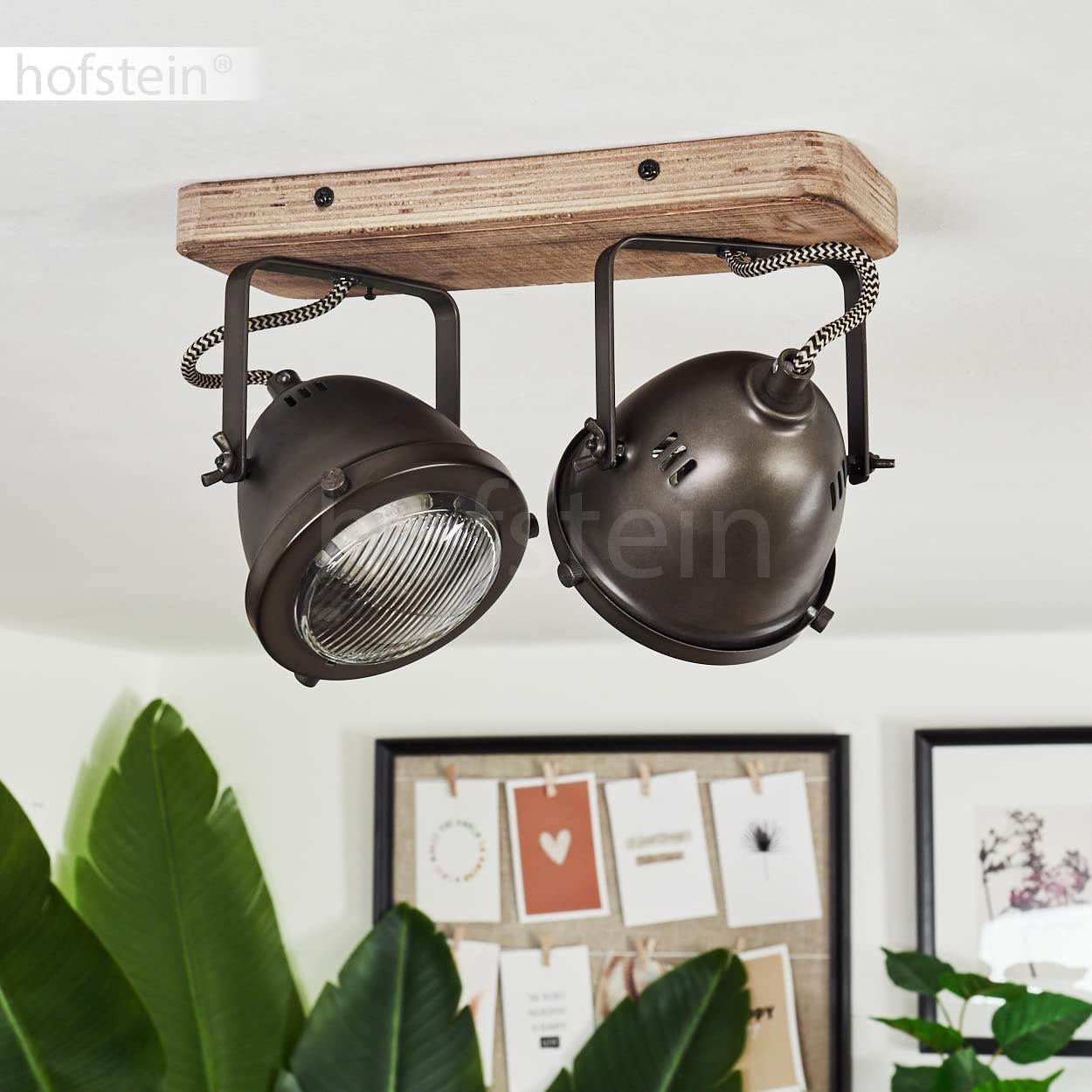 Lampada da soffitto Glostrup, lampada da soffitto dimmerabile in metallo/legno in marrone, 2 luci, paralume ruotabile e inclinabile, 2 x GU10, faretto da parete dal design retrò, senza lampadina/e