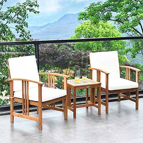 Tangkula 3 Pieces Patio Furniture Set, Includes Set Of 2 Outdoor Acacia Wood Cushioned Chairs And Coffee Table, For Garden, Backyard, Poolside, Bistro And Deck, Patio Conversation Chat Set (White) #TOP2
