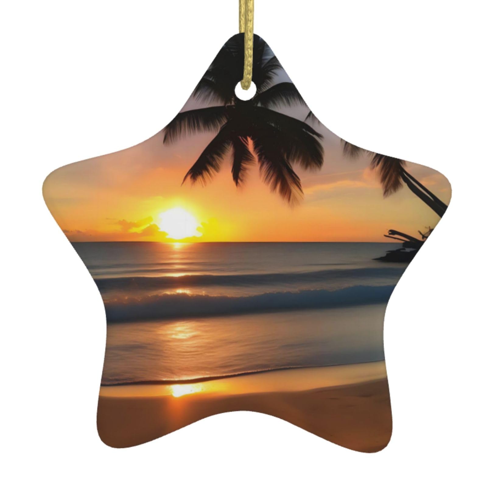 Sunset Beach Christmas Ceramic Star Pendant with Punched Holes and Gold Wire Rope, Christmas Tree Home Decoration