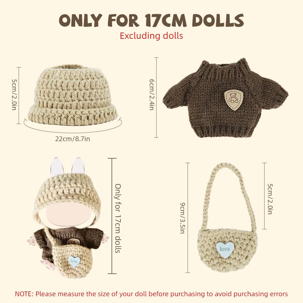 PATPAT® Clothes for 17cm Dolls, Clothes Set for 17cm Plush Toys, Crochet Knitted 3 Piece Set Hat Clothes Backpack for Dolls, Stylish Cute Doll Dress up Accessories (No Doll) (Brown) - Image 2 thumbnail