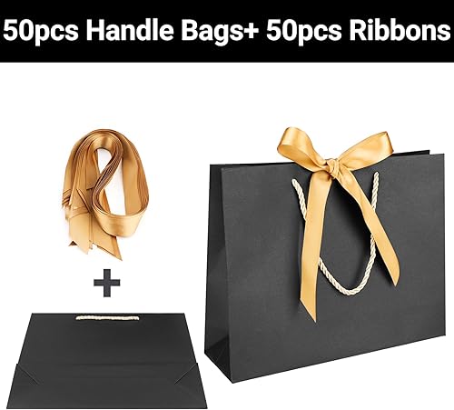 Miniatura 2 de EUSOAR Bolsas de regalo de agradecimiento con asas, 50 bolsas de papel de estraza negras de 10.6 x 3.1 x 8.3 pulgadas, con asa de cinta de lazo,