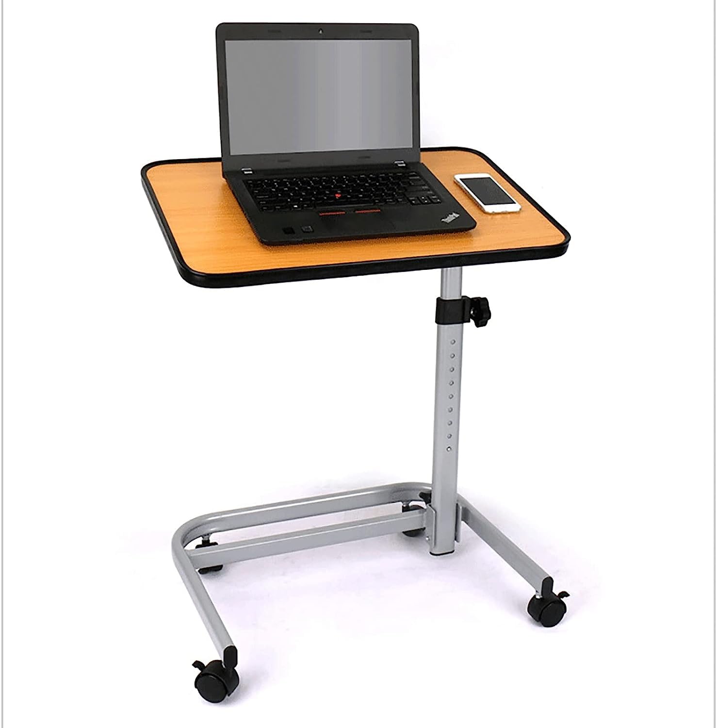 MYUYEE Height Adjustable Overbed Table Rollable Laptop Table With Wheels Steel E Standing Desk Modern Medium Density Fibreboard Wood Overbed Bedside Table
