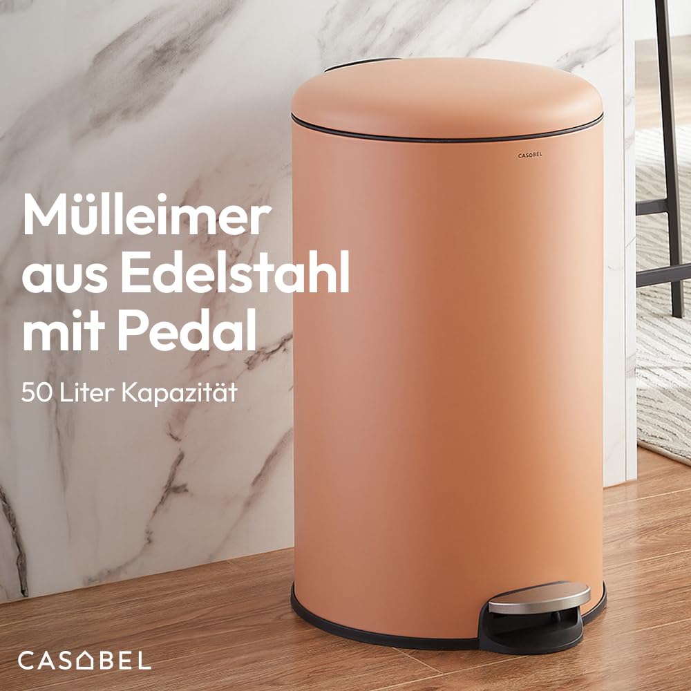 CASABEL runder Küchenabfalleimer 50L, Edelstahl, Terrakotta | Pedalöffnung, Soft-Close, fingerabdruckresistenter Edelstahl, Beutelhaltering, Tragegriff, pflegeleicht