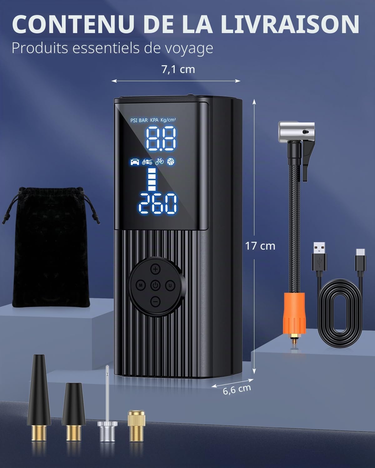 Compresseur d'air portable de 180 PSI avec batterie de 25 000 mAh, 3 x gonflage rapide sans fil pour voiture, moto, vélo, ballon