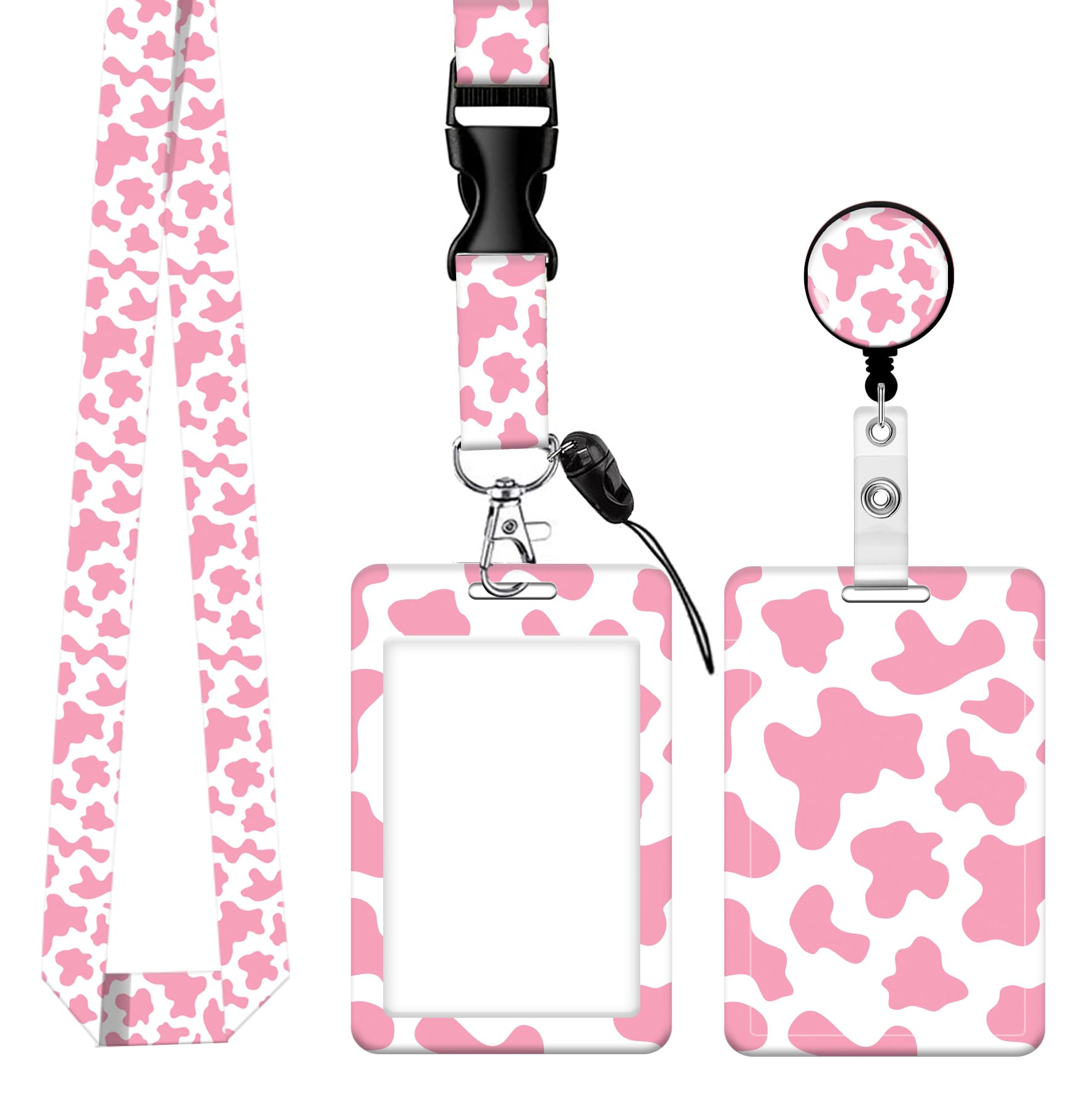 SUPSLOTH Cute ID Badge Holder with Retractable Clip,Adjustable Badge Lanyard, Reels for Women Kid Teacher Nurse Doctor Student - Pink Cow Print