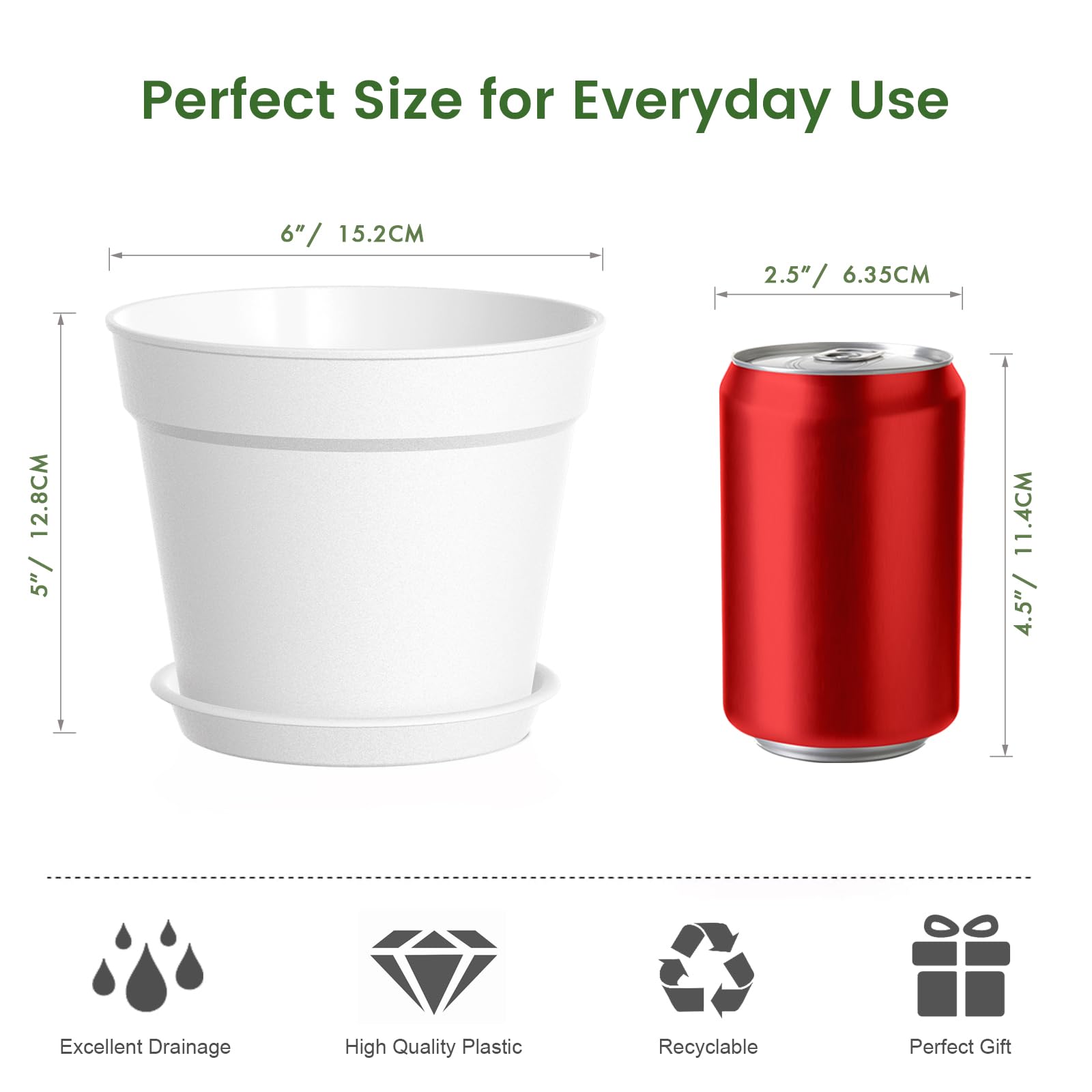 Paquete de 10 macetas de 6 pulgadas con drenaje y platillos, macetas de plástico blanco para plantas de interior y exterior, macetas apilables para plantas de interior y hierbas, color blanco 5