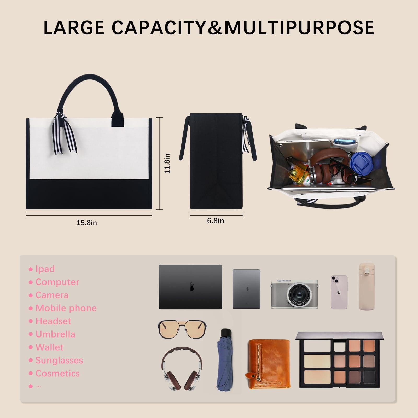 OKBA 10 PCS Personalized Classic Canvas Tote Bag(Black and White), Inside Zipper Pocket Grocery Tote DIY Gift, for Wedding, Birthday, Beach, Perfect Gifts for Women, Mom, Teachers, Friends - Image 2