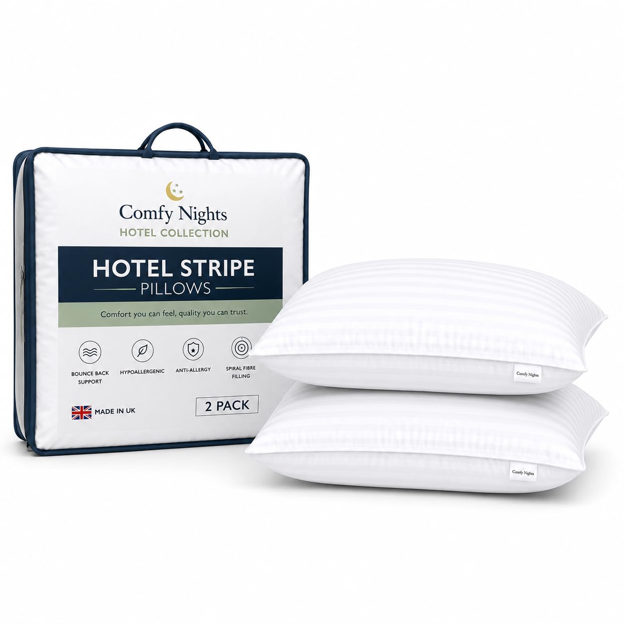 Comfy Nights Pillow 2 Pack Hotel Quality Stripe Bed Pillow Hypoallergenic & Anti Dust Mite Resistant Firm Support Side Sleeper Bounce Back Pillows (Pack of 2)
