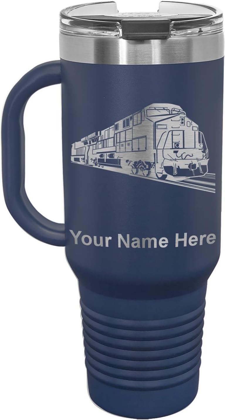 LaserGram 40oz Vacuum Insulated Travel Mug with Handle, Freight Train, Personalized Engraving Included (Navy Blue)