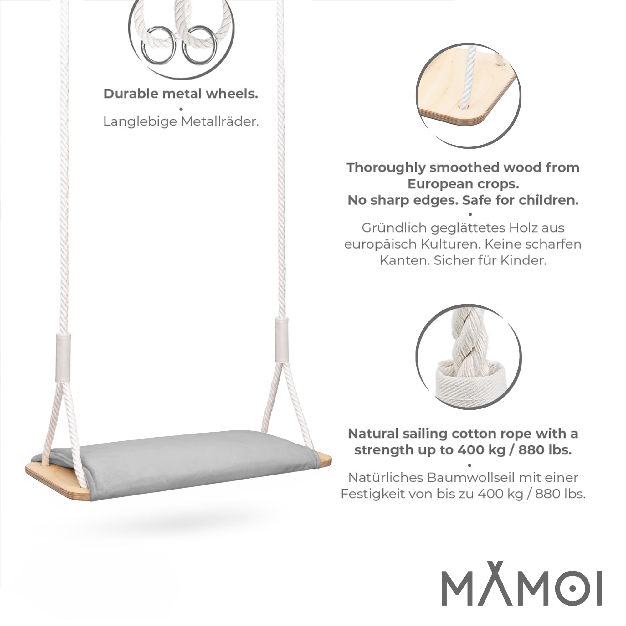 MAMOI® Drewniana huśtawka z poduszką Velvet, drewniane siedzisko do użytku wewnątrz i na zewnątrz, regulowane liny bawełniane, do 100 kg, wyprodukowano w UE