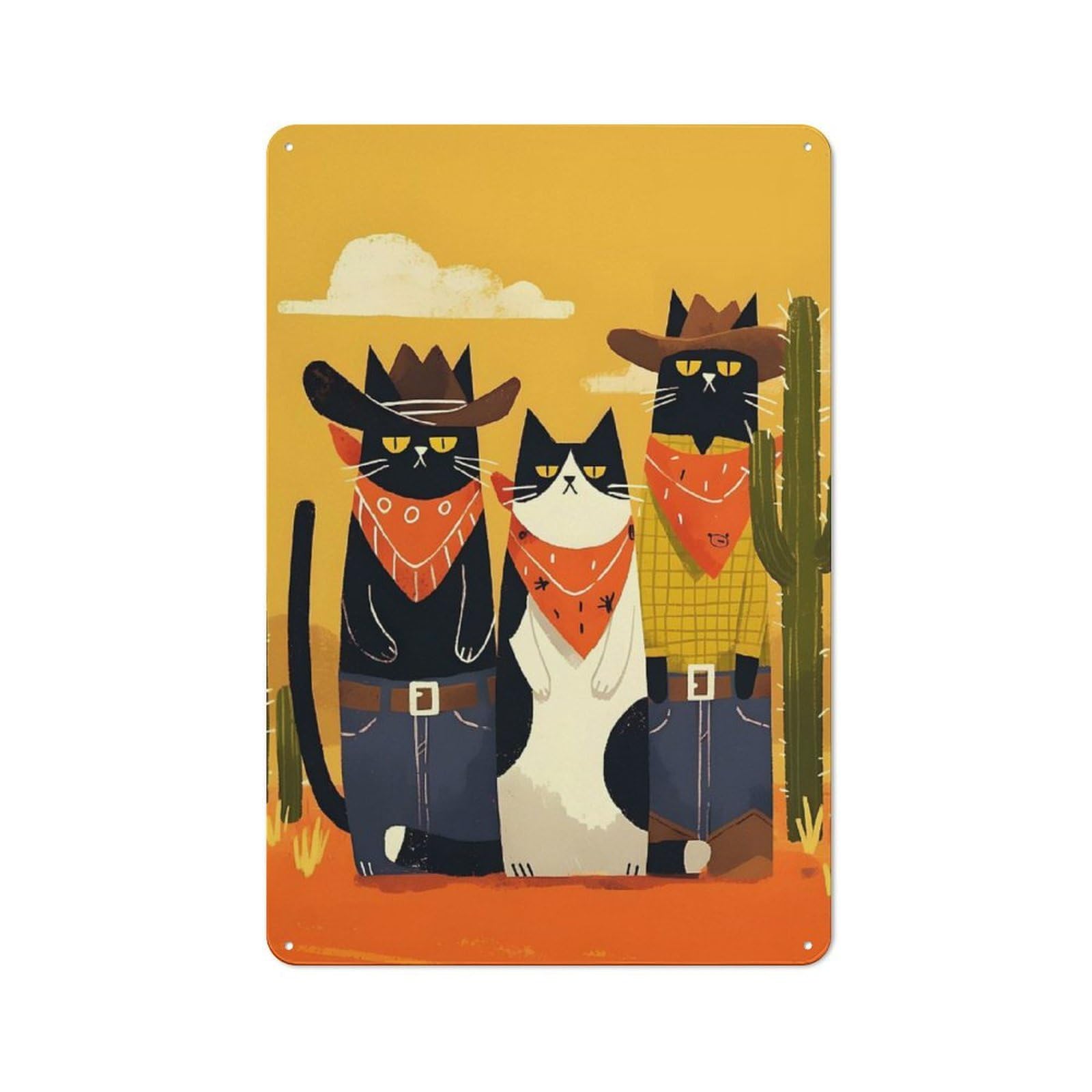 Junmoney Cowboy Cats In The Desert Metal Wall Sign 30X20cm, Retro Decor For Pub Or Café, For Vintage Wall Decor Fans, For Garage And Workshop Walls