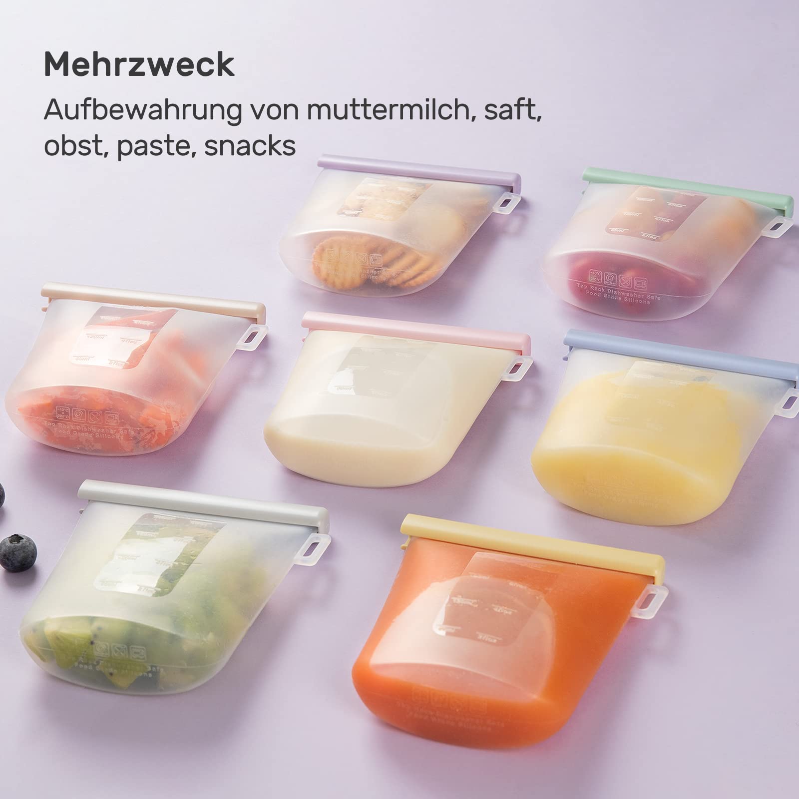 Nuliie 7 Stück Wiederverwendbare Muttermilchbeutel, 8oz/240ml Auslaufsichere Muttermilch Aufbewahrung, Gefrierschrank Lebensmittelqualität Silikon-Milchbeutel für das Stillen, BPA Frei, Selbststehend