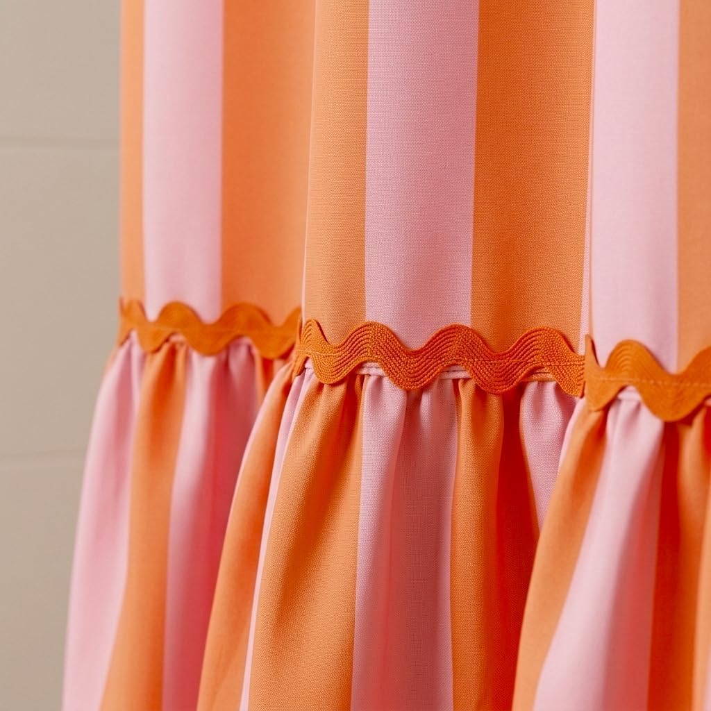 Boomkin Pink and Orange Striped Shower Curtain with Ruffle and RIC Rac Trim | Playful Vintage Bathroom Curtain, Whimsical Maximalism Aesthetic Bath Decor, Water-Resistant Fabric Bath Curtain 72 x 72 Inch