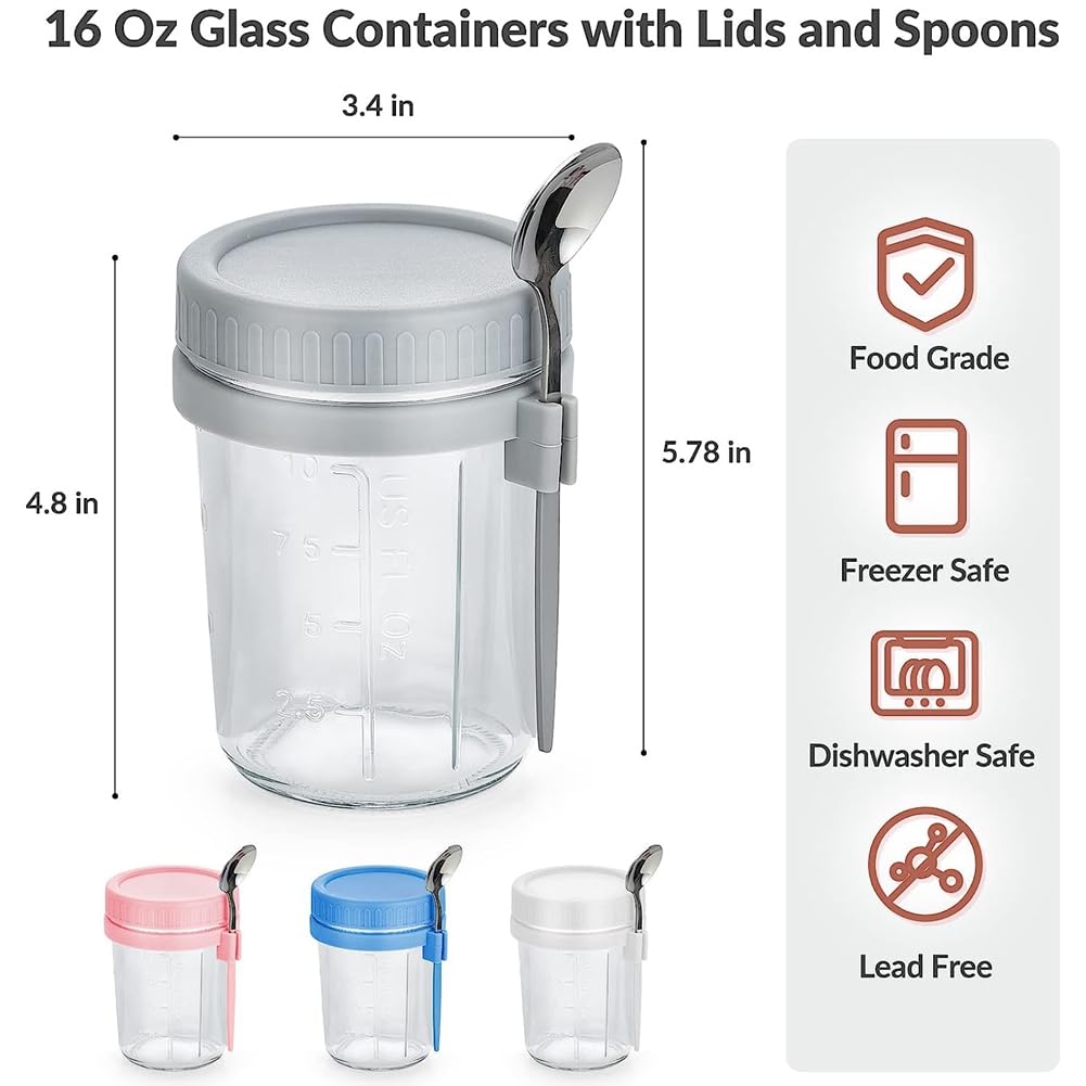 CROIRE Confezione da 4 contenitori Overnight Oats con coperchio e cucchiaio, in vetro e plastica per Overnight Oats, contenitori per fiocchi d'avena a prova di perdite