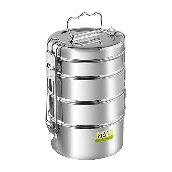 Kraft Lunch Box/Food Container 4 Tier Compartment with Handle - Stainless Steel, Leak Proof, Easy to Carry Meals for Office, Picnic, Schools (3160 mL, Silver)