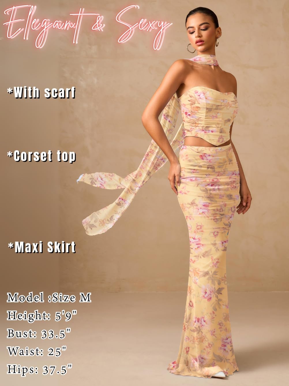 Mesh Floor-Length Skirt-Set, Corset Tube-Top with Scarf, Semi-Formal Wedding-Guest, Strapless Bodycon Ruched Long - Image 2