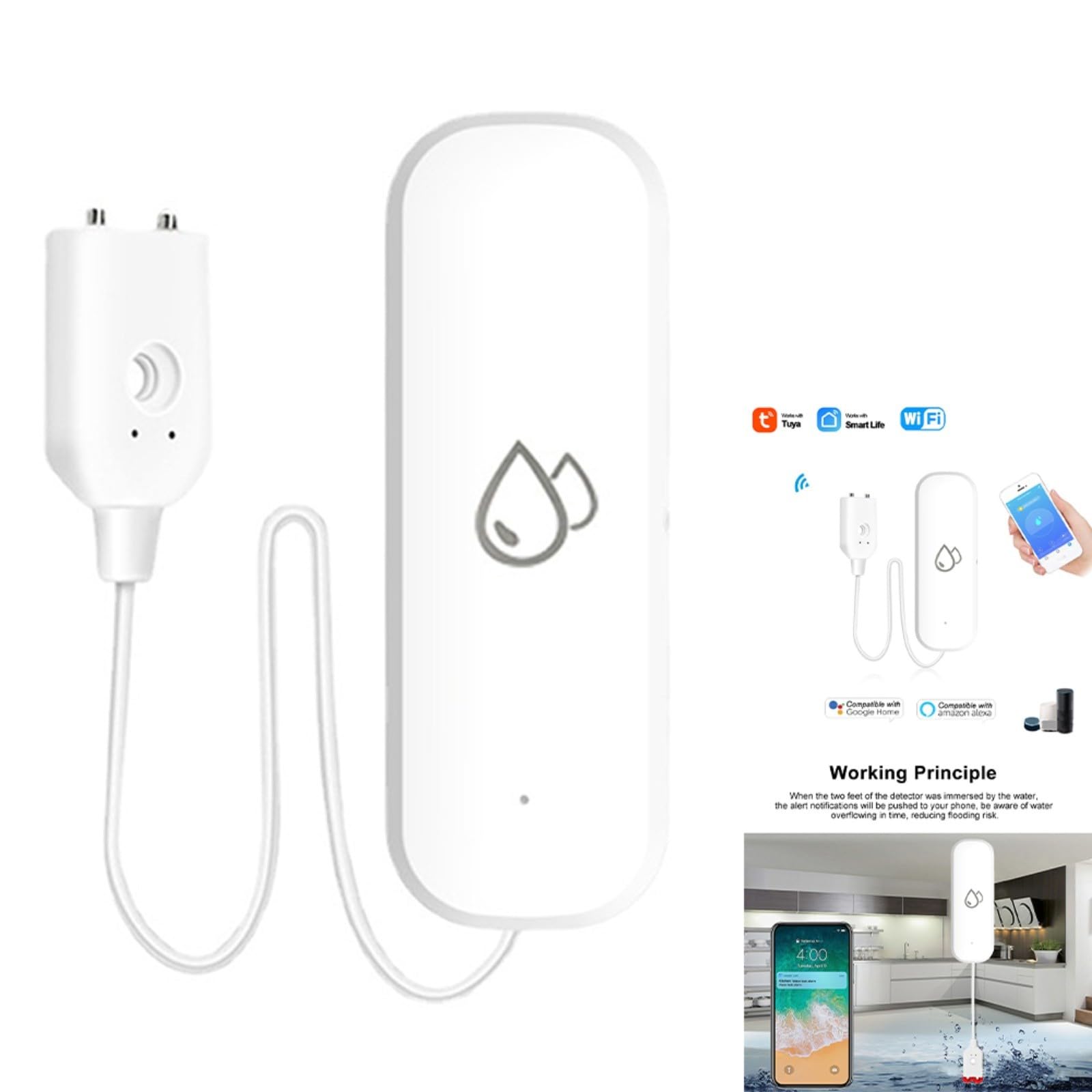Sensor de Nivel de Agua, Detector de Agua, Detector de Agua Inteligente WiFi Smart Home WiFi Fuga de Agua Sensor de Buceo Detector Aplicación Alarma Temporización