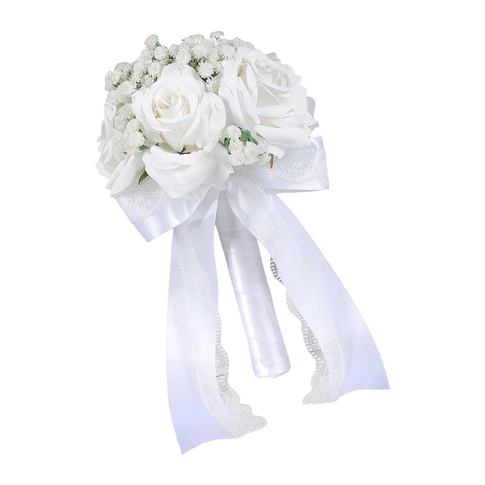 Piceioep Silk White Ribbon Flowers Bouquet Lightweight for Bridal Party Decoration Accessory Artificial Roses Bouquet White Shades for Ceremony Reception Bride Arrangement